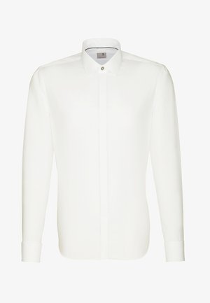 Weißes Langarmhemd aus glattem Stoff, mit klassischem Kragen, vorderer Knopfleiste und geknöpften Manschetten.