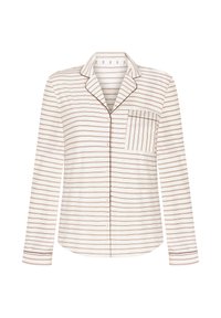 Witte blouse met lange mouwen en dunne rode strepen, kraag, vijf knopen en een borstzak met hetzelfde streeppatroon. Zachte stoftextuur.