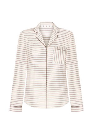 Witte blouse met lange mouwen en dunne rode strepen, kraag, vijf knopen en een borstzak met hetzelfde streeppatroon. Zachte stoftextuur.