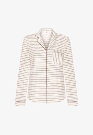 Witte blouse met lange mouwen en dunne rode strepen, kraag, vijf knopen en een borstzak met hetzelfde streeppatroon. Zachte stoftextuur.