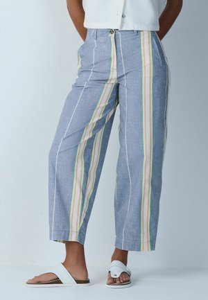 Osoba nesúca široké modré nohavice s vertikálnymi pastelovými pruhmi a bielymi slip-on sandálmi, stojaca proti jednoliatej pozadiu.