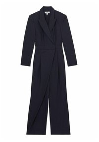 Jumpsuit blu navy a righe con maniche lunghe, colletto a scialle e vita aderente. Design plissè con pantaloni a gamba larga, realizzato in tessuto morbido.