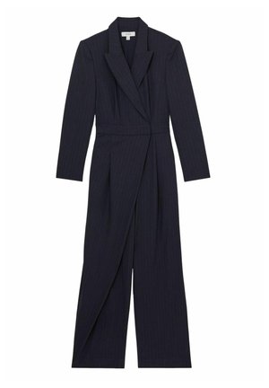 Jūras spēku svītrainā kombinezons ar garām piedurknēm, šallītes apkakli un pieguļošu jostasvietu. Plankumains dizains ar platajām biksēm, izgatavots no gludas auduma.