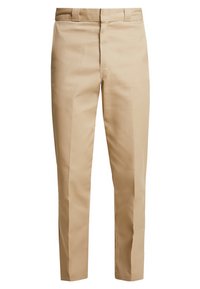 Pantalon beige à jambes droites avec passants de ceinture, pli sur le devant et fermeture dissimulée à l’avant, présenté sur fond blanc.