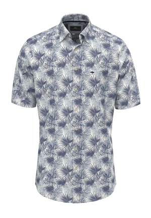 Trumpa rankovėmis mygtukais užsegama marškinėliai su mėlynu ir baltu palmės lapų raštu, pagaminti iš lengvos medžiagos, su klasikine apykakle ir viena krūtine kišene.