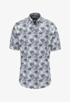 Lühikeste varrukatega nööbitav särk, millel on sinise ja valge palmilehe muster, valmistatud kergest kangast, klassikalise krae ja ühekordses rinnahojas.