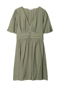 Abito verde, a lunghezza ginocchio, in tessuto leggero, con scollo a V, maniche corte a farfalla, dettagli arricciati in vita e una gonna fluida.