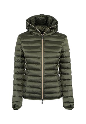 Olijfgroen pufferjack met een kap, voorzien van een gewatteerd ontwerp, een ritssluiting aan de voorkant en elastische manchet. Glad, glanzend exterieur.