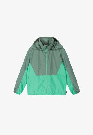 Grüne und hellgrüne Kapuzenjacke mit Reißverschluss, langen Ärmeln und elastischen Bündchen, für Kinder gestaltet.