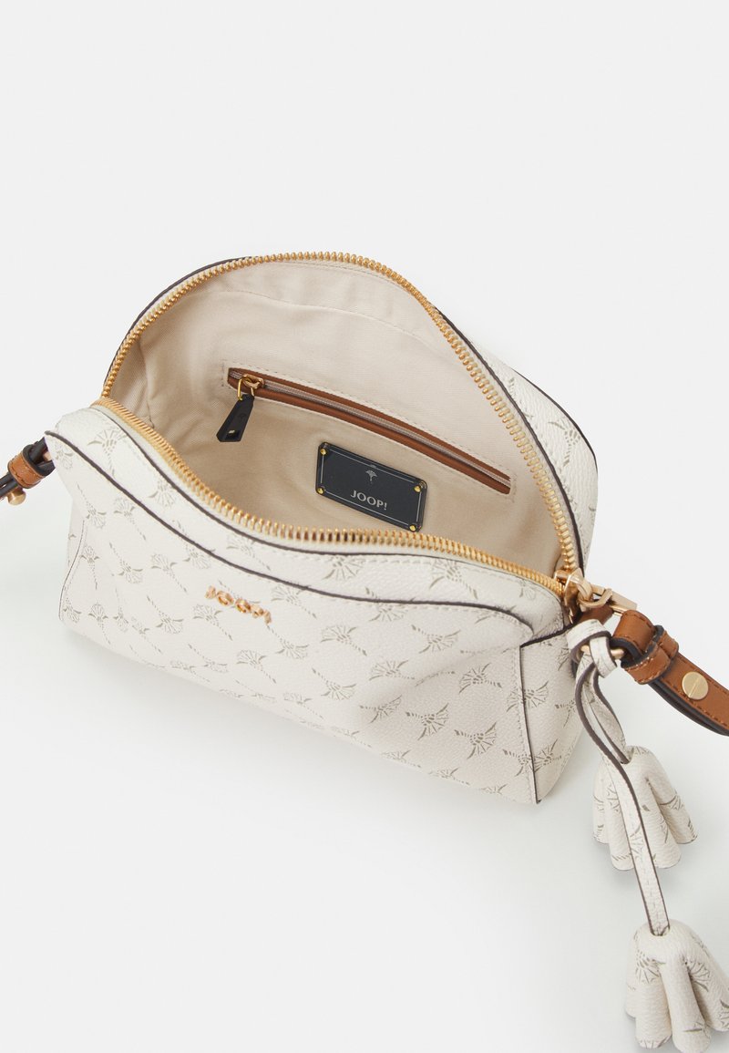 Sac à bandoulière en cuir blanc texturé avec fermeture éclair dorée, sangle brune et extérieur à motifs. L'intérieur comprend une poche zippée et une étiquette de marque.