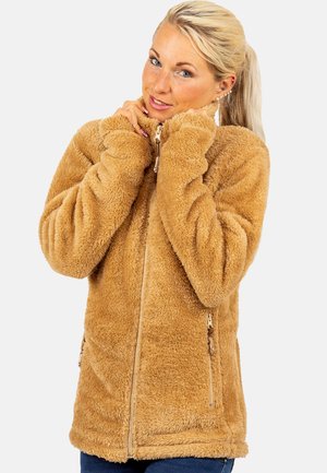 Hellbraune Fleecejacke mit strukturierter Oberfläche, durchgehendem Reißverschluss, hohem Kragen und seitlichen Taschen mit Reißverschluss. Weiches und warmes Design.