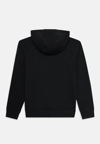 Black hooded sweatshirt featuring a soft texture, long sleeves, and ribbed cuffs and hem. The hood is unlined with a standard fit design.