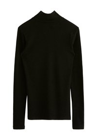 Sort langærmet turtleneck-top lavet af et blødt, strækbart stof, med en tætsiddende silhuet og en glat tekstur. Ingen synlige detaljer.