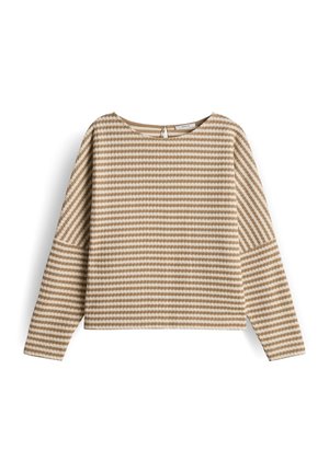 Beige and brown striped long-sleeve top with a boxy shape and a round neckline. Features a back keyhole opening and textured fabric.