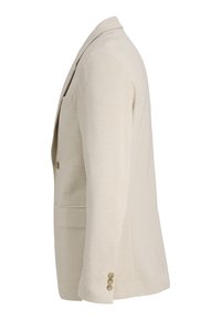 Beige single-breasted blazer with notched lapel, two front flap pockets, and three-button cuffs, shown from the right side.
