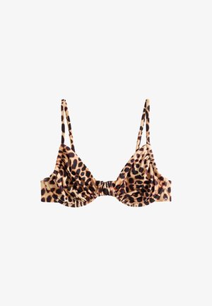 Sutien cu imprimeu leopard, cu cupe adunate și bretele subțiri reglabile pe fundal alb.