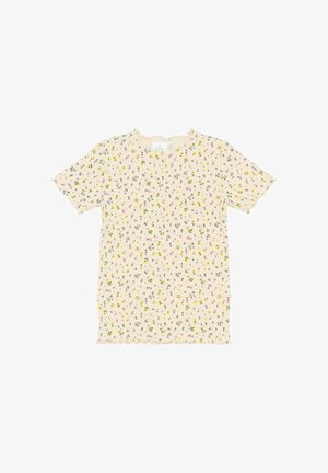 Koszulka z krótkim rękawem wykonana z lekkiego materiału, z kremowym tłem ozdobionym kolorowymi wzorami kwiatowymi oraz falbanowym dekoltem.