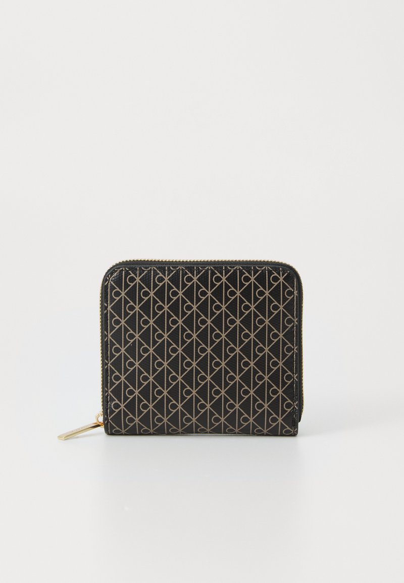 Black zippered wallet with geometric gold pattern and gold zipper pull placed on white background.