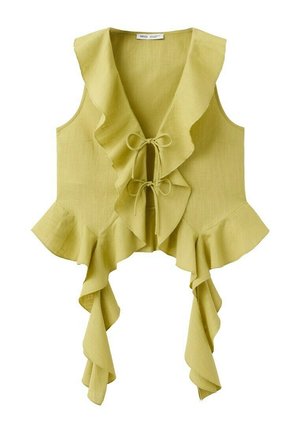 Gilet sans manches vert clair avec col en V profond, fermeture à nouer à l'avant, et détails volantés à l'ourlet et au col.