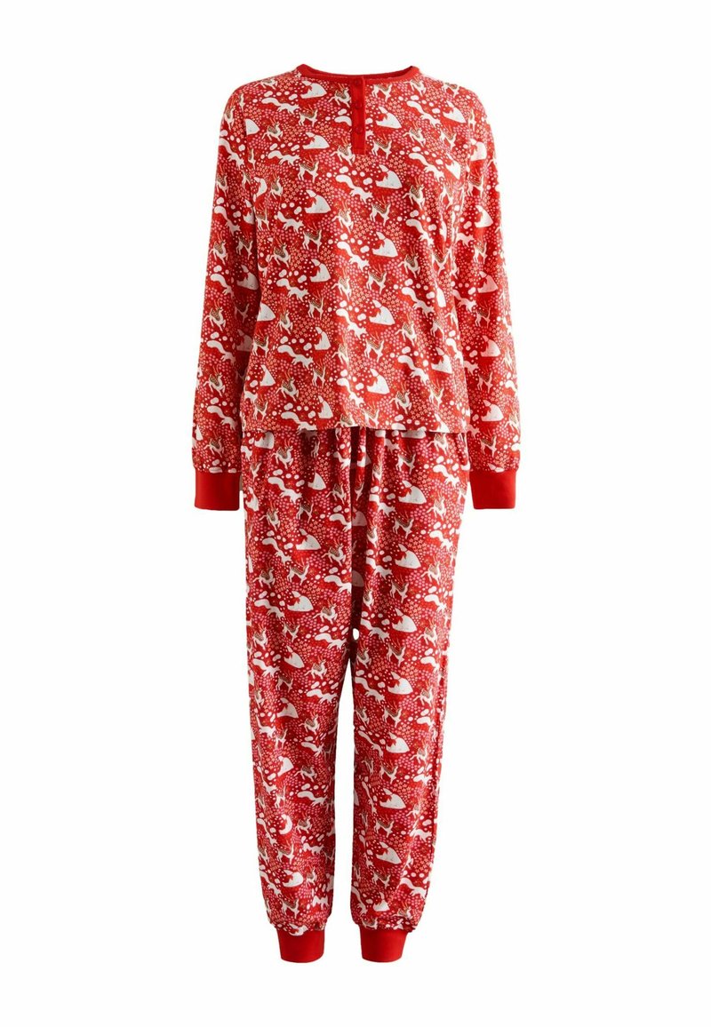 Set de pijamale roșii cu mâneci lungi și pantalon, având un model jucăuș cu iepure alb și ciuperci. Fabricat dintr-un material moale, cu manșete.