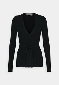 Svart, ribbad långärmad omslagstopp med V-hals och knytbälte i midjan. Tillverkad av textil med struktur och vertikala linjer.