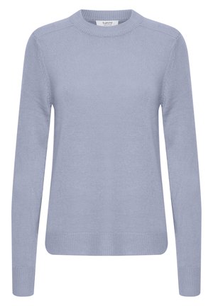 Lichtblauw sweater gemaakt van gebreide stof, met een ronde hals, lange mouwen en geribbelde manchetten en zoom. Glad textuur, casual ontwerp.