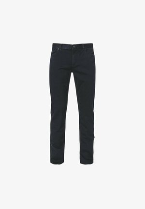 Granatowe dżinsy o prostym kroju, pięciokieszeniowym designie, zapinane na guzik i z subtelnymi detalami szycia. Gładka faktura.