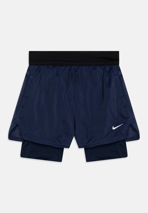Navy blue athletic shorts featuring a mesh outer layer, inner fitted liner, vented sides, and a black elastic waistband with a white logo.