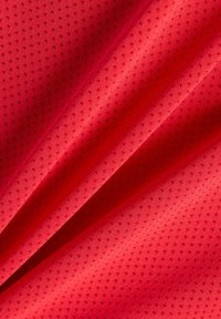 Tela de malla roja con una superficie texturizada, que presenta pequeños puntos negros en un patrón regular. La tela es suave y ligera.