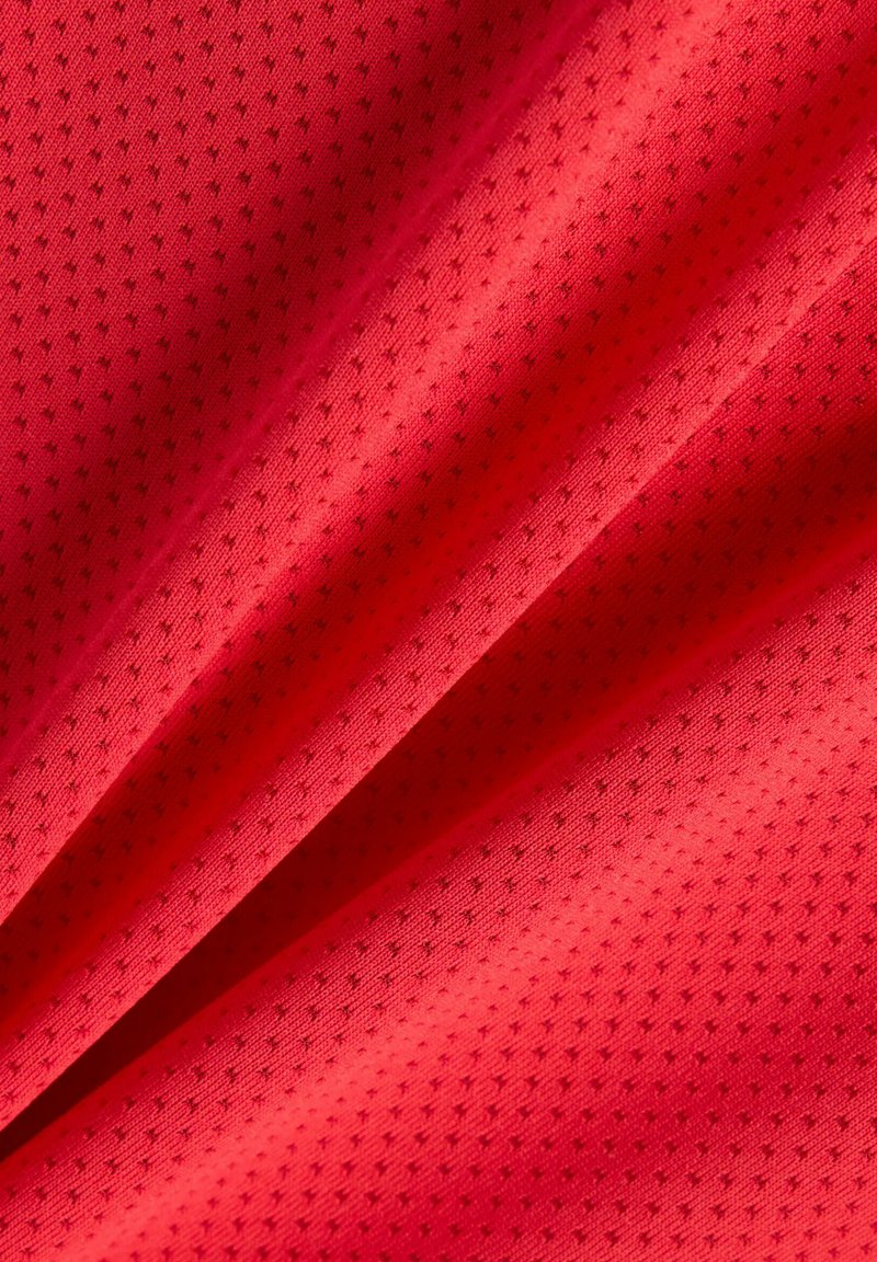 Rotes Netzgewebe mit strukturierter Oberfläche, das kleine schwarze Punkte in einem regelmäßigen Muster aufweist. Das Gewebe ist glatt und leicht.