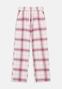 Pantaloni a vestibilità ampia con motivo a quadri rosa, bianco e grigio, vita elasticizzata e coulisse bianca, distesi su uno sfondo bianco.