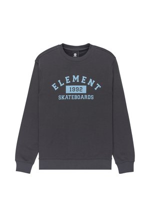 Sudadera gris oscura con cuello redondo. Presenta texto azul que dice "ELEMENT 1992 SKATEBOARDS" en una fuente en negrita. Material de algodón suave.