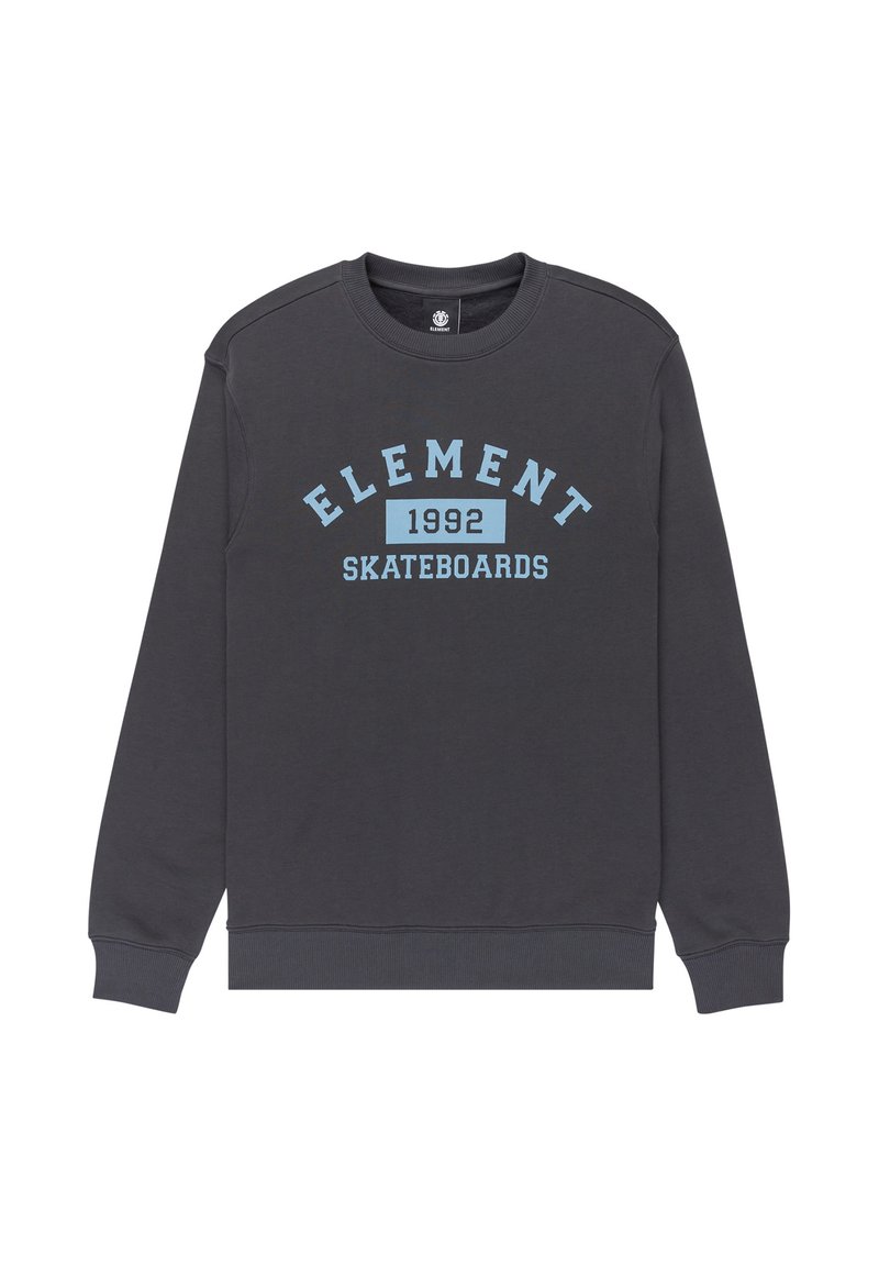 Felpa grigia scura con collo rotondo. Presenta testo blu che recita "ELEMENT 1992 SKATEBOARDS" in un carattere audace. Materiale in cotone morbido.