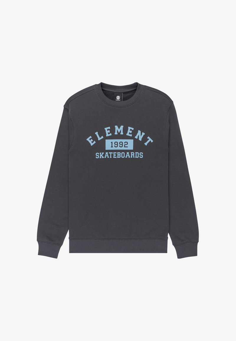 Dark gray sweatshirt with a crew neck. Features blue text reading "ELEMENT 1992 SKATEBOARDS" in a bold font. Soft cotton material.