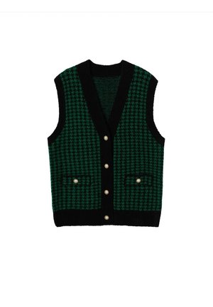 Ärmellose grüne und schwarze Strickweste mit Hahnentrittmuster, schwarzem Besatz, Perlenknöpfen vorne und zwei aufgesetzten Taschen mit Perlenknopfverschluss.
