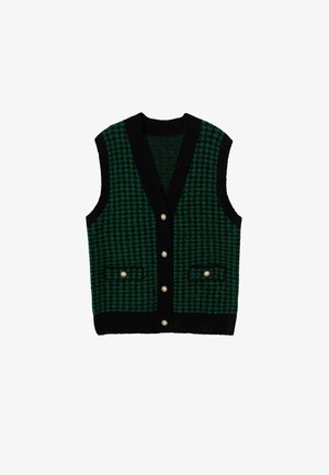 Mouwloos groen-zwart houndstooth gebreid vest met zwarte bies, parelknopen aan de voorkant en twee voorzakken met parelknopsluitingen.
