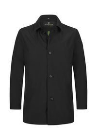 Schwarze wasserdichte Jacke mit Kragen, vorderer Knopfleiste und zwei Seitentaschen. Glatter Stoff mit einfachem Design.