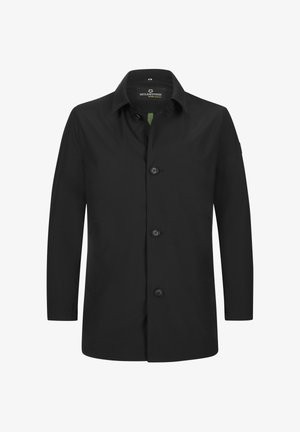 Schwarze wasserdichte Jacke mit Kragen, vorderer Knopfleiste und zwei Seitentaschen. Glatter Stoff mit einfachem Design.