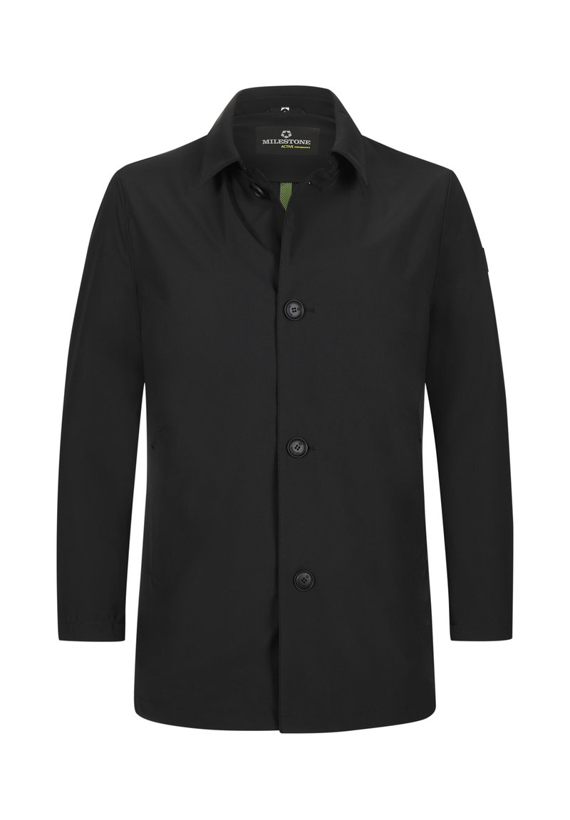 Schwarze wasserdichte Jacke mit Kragen, vorderer Knopfleiste und zwei Seitentaschen. Glatter Stoff mit einfachem Design.