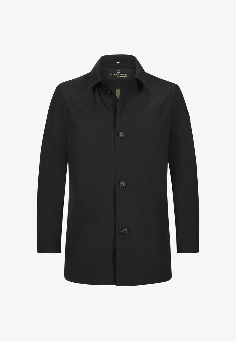 Schwarze wasserdichte Jacke mit Kragen, vorderer Knopfleiste und zwei Seitentaschen. Glatter Stoff mit einfachem Design.