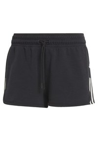 Schwarze Sportkurze mit einem elastischen Bund und verstellbarem Kordelzug, mit weißen Seitenstreifen und lockerer Passform.