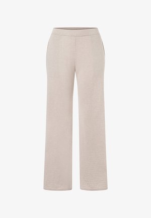 Beige weite Hosen mit elastischem Bund und Seitentaschen, gefertigt aus weichem Strickstoff.