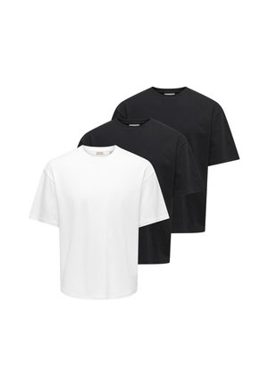 Three plain crew neck t-shirts with short sleeves, one white in front and two black behind, displayed on a white background.