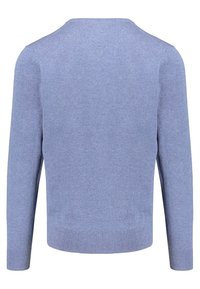 Light blue knit sweater, crew neckline, long sleeves, ribbed cuffs and hem, soft texture, minimal design, no visible logos or patterns.