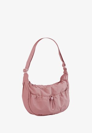 Pink nylon shoulder bag with a soft, rounded shape, featuring a front pocket with drawstring closure and adjustable strap.
