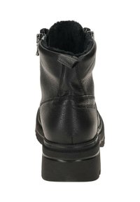 Schwarze Leder-Ankle Boots mit strukturiertem Finish, Reißverschluss hinten und gepolsterter Knöchelkante. Robuste schwarze Gummisohle und minimale Nähte.