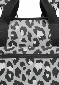 Gray bag with a leopard print pattern in black and white, featuring sturdy black handles and a zippered closure. Textured surface.