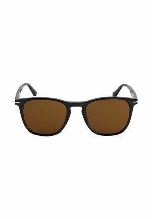 Black-framed sunglasses with rectangular brown tinted lenses and slightly curved arms on a white background.