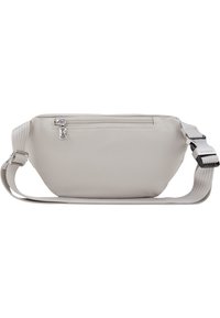 Vaaleanharmaa nylonista valmistettu olkalaukku, jossa on vetoketjullinen etutasku ja säädettävä hihna, hopeanvärisillä metalliosilla ja sileällä pinnalla.