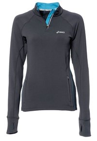 Maglietta sportiva grigia a maniche lunghe con colletto a mezza zip, dettagli turchesi e tasche laterali. Realizzata in un tessuto morbido e elastico.